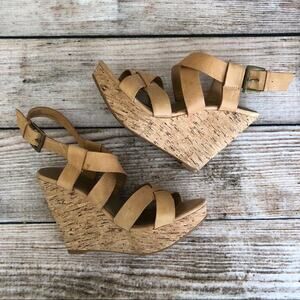 Me Too Tan Strappy Leather & Cork Wedge Heel Sandal Womens 6
